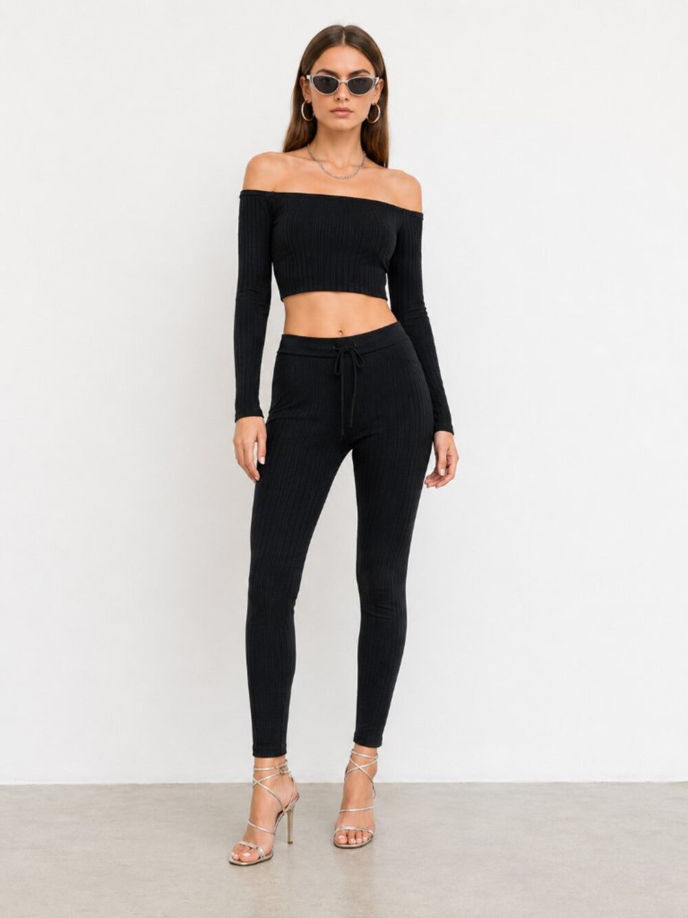 Black Minimalist Ribbed Knit Legging Set NWT